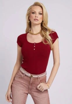nuevos productos 5 Guess Es Ss Karlee Jewel Btn Henley - Camiseta Básica - Rot