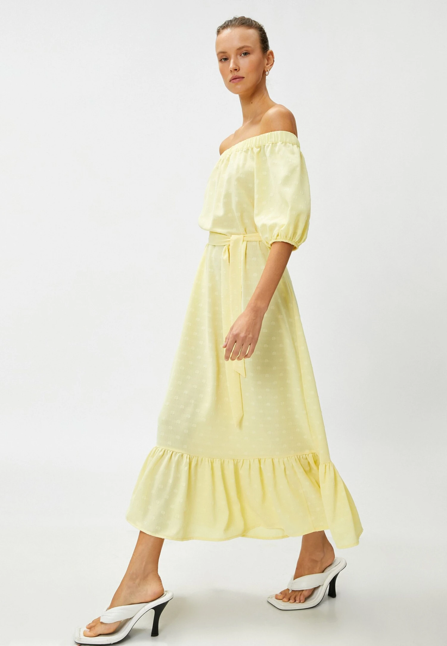 Koton Off The Shoulder Belted - Vestido Largo - Yellow 6 Koton Off The Shoulder Belted - Vestido Largo - Yellow - Imagen 4