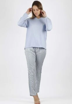 Classic Manga Larga Fashion Stripes Para Set - Pijama - Azul