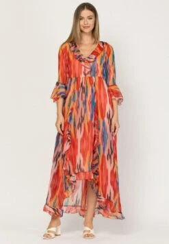 Estampado Con Volantes - Vestido Largo - Naranja